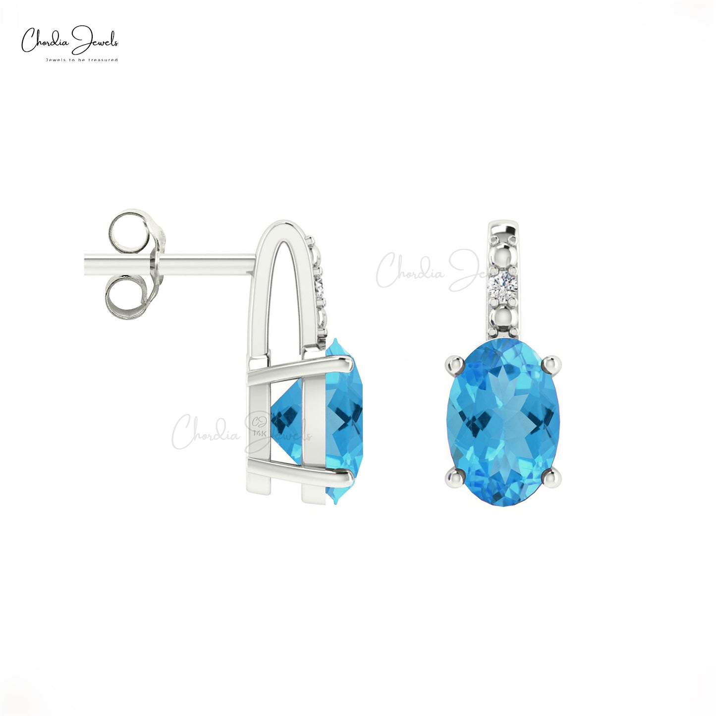 Oval Swiss Blue Topaz Gemstone Earrings in 14K Gold with Round Diamond