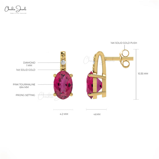 Fine Jewelry Pink Tourmaline 14K Gold Earrings With Round Diamond