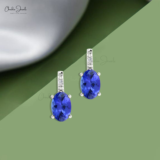 Load image into Gallery viewer, Sparkling Blue Tanzanite &amp;amp; Diamond Accented Earrings 6x4mm Oval Cut Natural Gemstone Minimalist Jewelry For Gift
