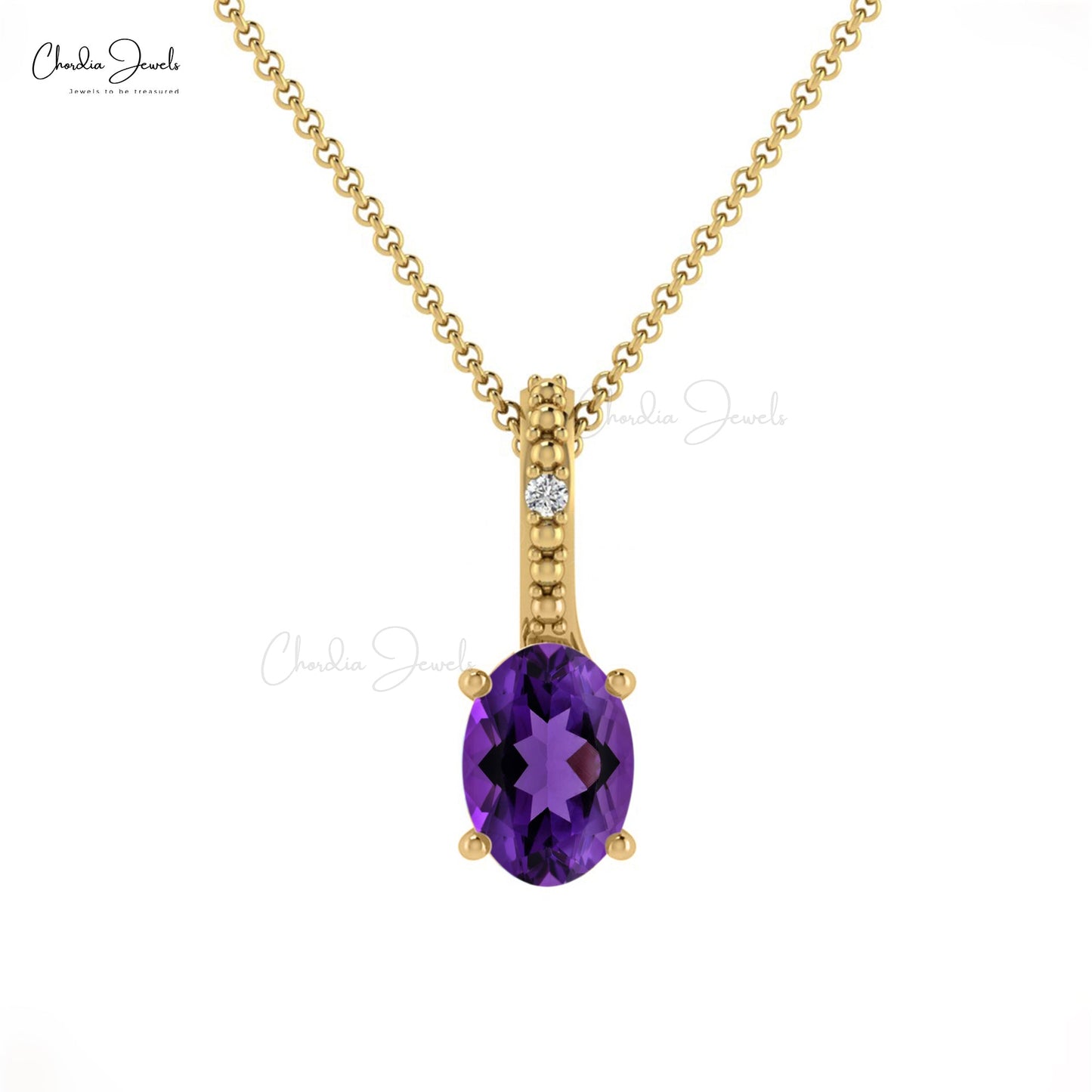 Natural Amethyst & Round Diamond Pendant, 14k Solid Gold Handmade Pendant, 6x4mm Oval faceted Gemstone Pendant Gift for Her