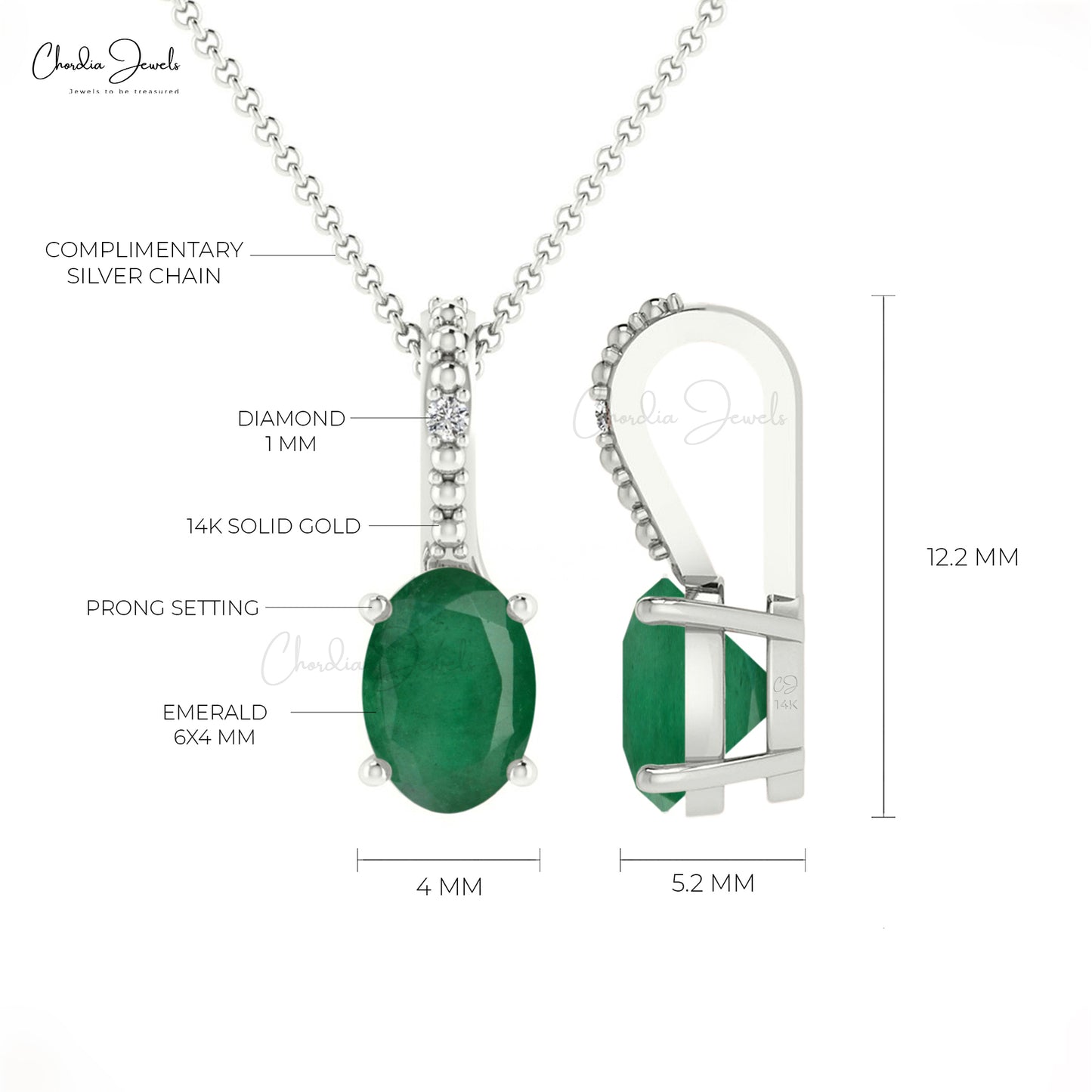 Hidden Bail Locket Pendant With Genuine Emerald & Diamond 14k Solid Gold Solitaire Pendant