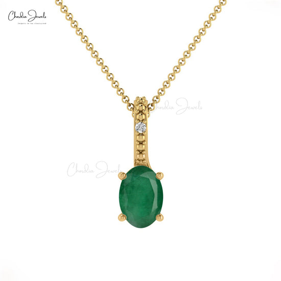Load image into Gallery viewer, Natural Emerald &amp;amp; Round Diamond Pedant Necklace in 14K Gold
