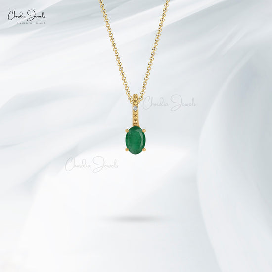 Hidden Bail Locket Pendant With Genuine Emerald & Diamond 14k Solid Gold Solitaire Pendant