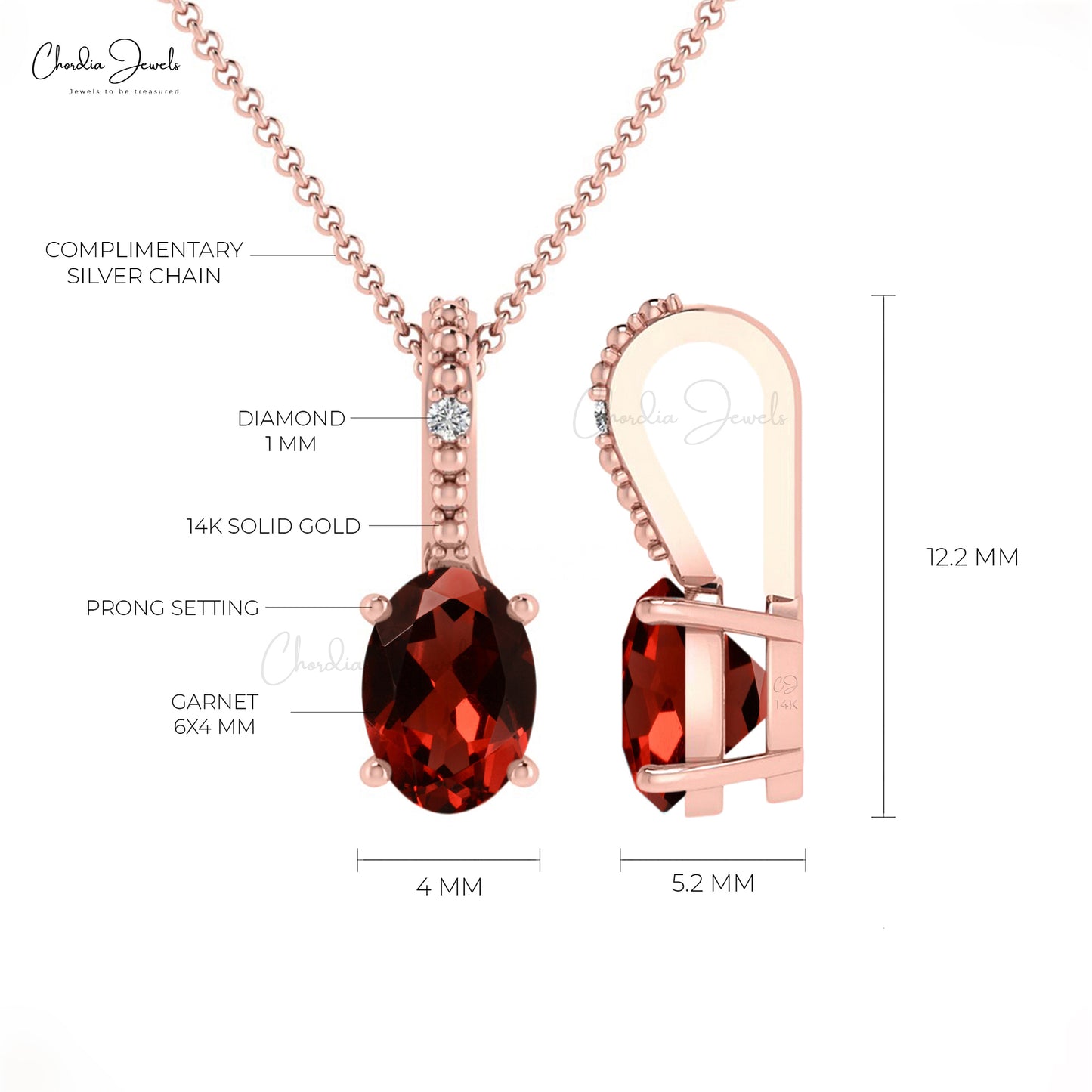 Genuine Garnet 14K Gold Pendant with G-H White Diamond