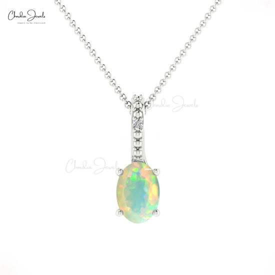 Eye Catching 14K Gold Natural Opal & Diamond Pendant Women Necklace