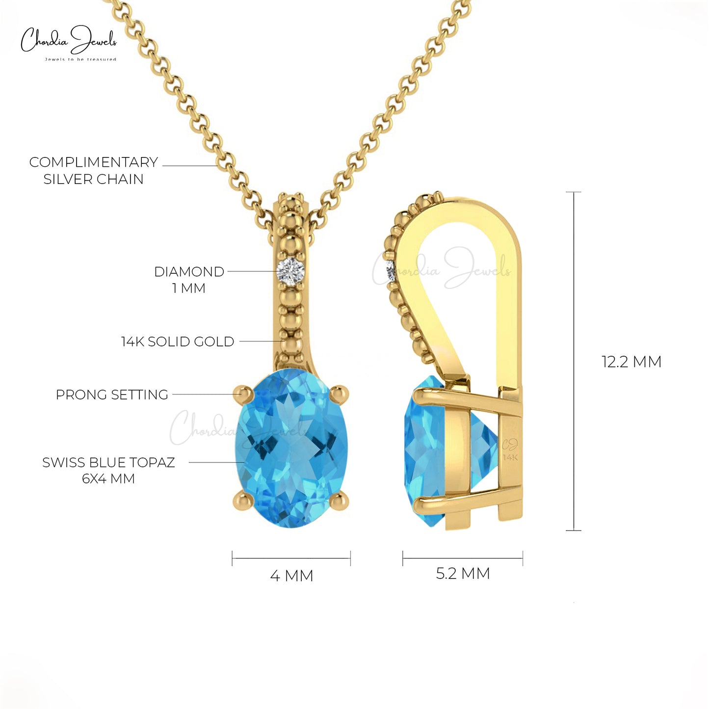 Well Detailed Oval Swiss Blue Topaz & Diamond Pendant in 14K Gold