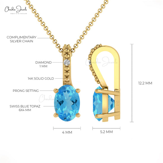 Well Detailed Oval Swiss Blue Topaz & Diamond Pendant in 14K Gold