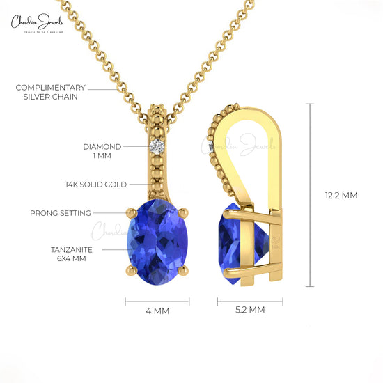 Trendy Stylish Hidden Bail Pendant Natural Tanzanite and White Diamond Pendant Necklace in 14k Solid Gold Anniversary Gift For Wife