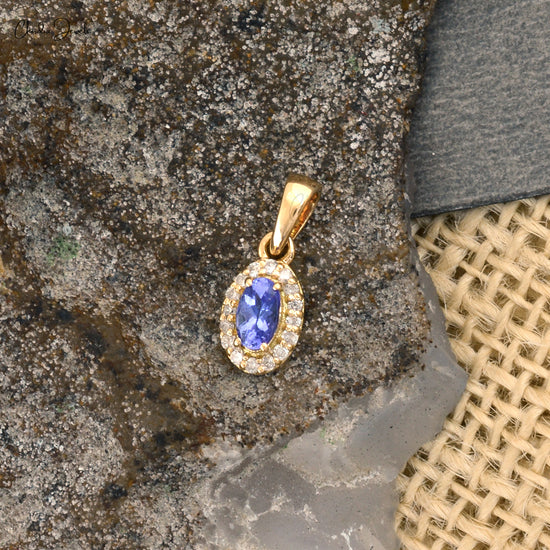 Solid 14k Yellow Gold Diamond Halo Wedding Pendant  Natural Tanzanite Pendant 0.24 Ct December Birthstone Fine Jewelry For Her