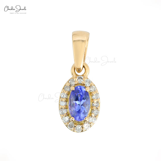 Solid 14k Yellow Gold Diamond Halo Wedding Pendant  Natural Tanzanite Pendant 0.24 Ct December Birthstone Fine Jewelry For Her