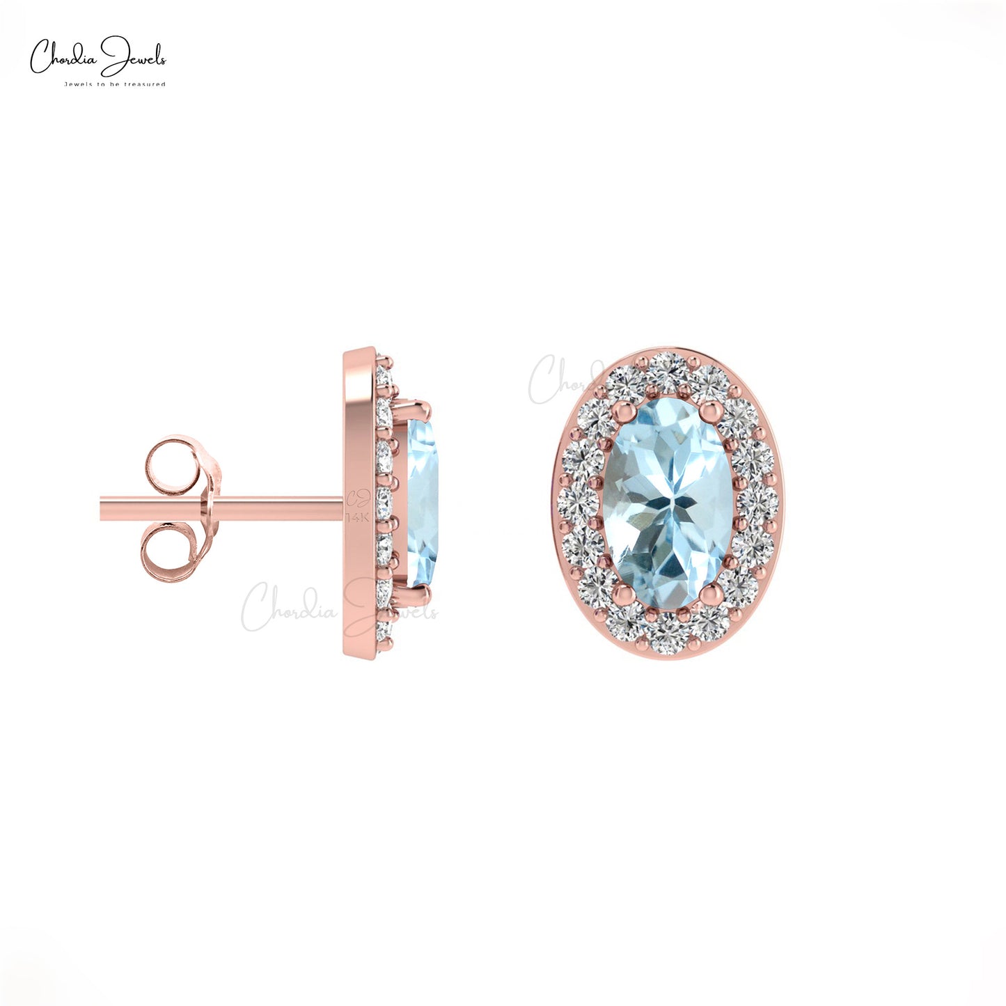 Genuine 14K Gold Oval Aquamarine & White Diamond Halo Earrings