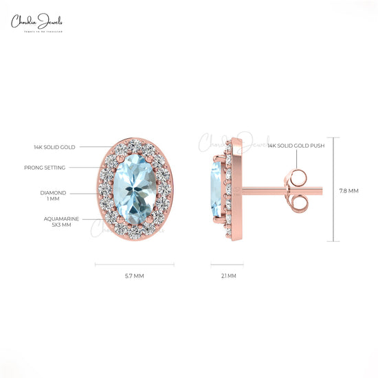 Genuine 14K Gold Oval Aquamarine & White Diamond Halo Earrings