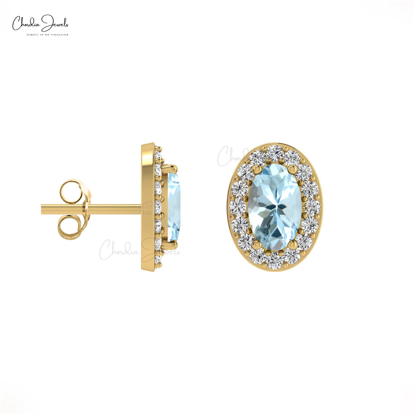 Genuine 14K Gold Oval Aquamarine & White Diamond Halo Earrings