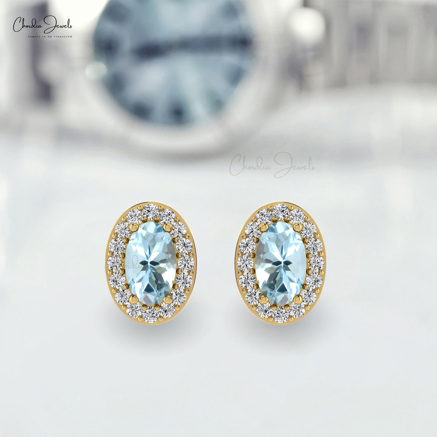 Genuine 14K Gold Oval Aquamarine & White Diamond Halo Earrings