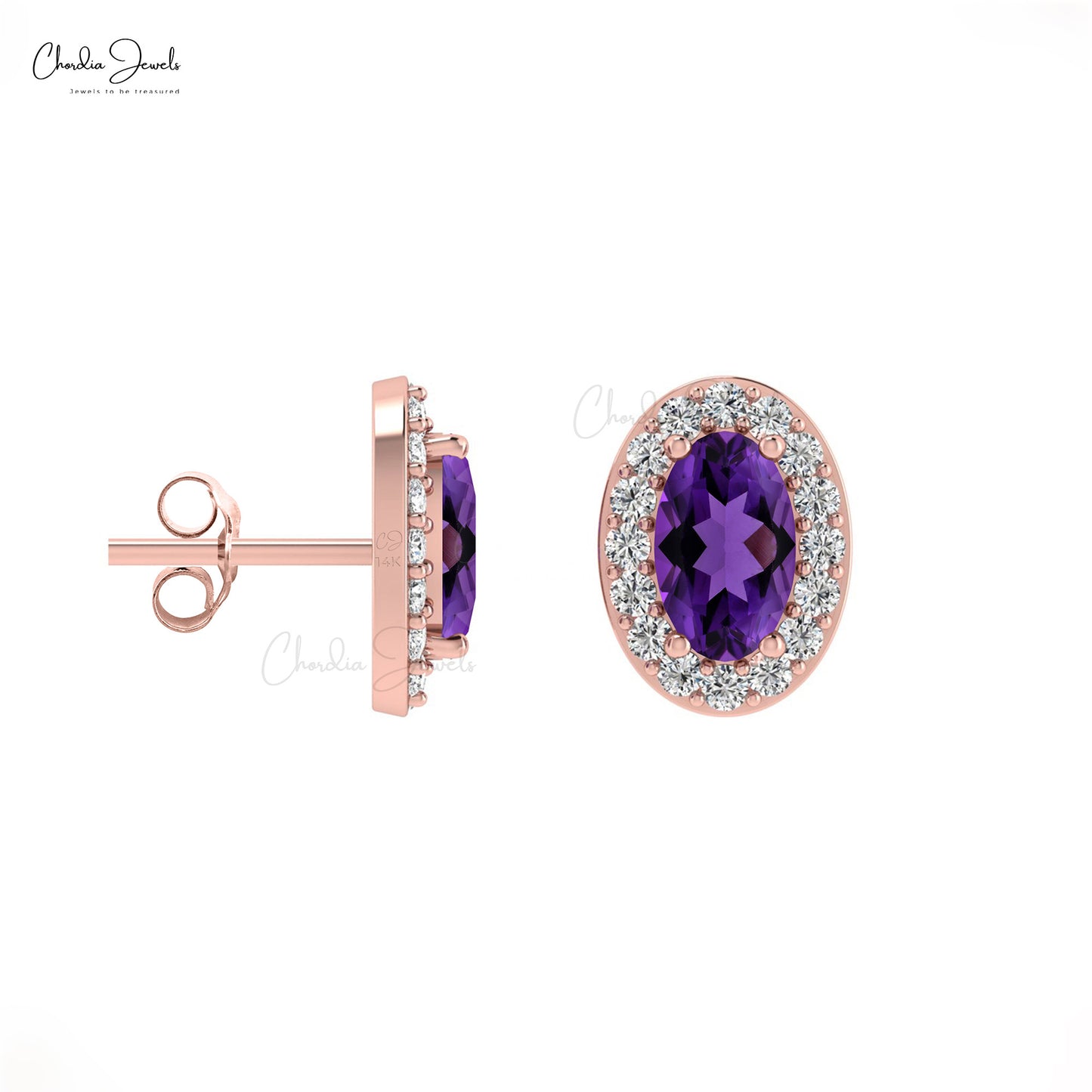 Oval-Cut Amethyst Stud and round-cut diamonds with 14k Rose Gold Earrings 
