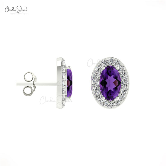 Load image into Gallery viewer, Oval-Cut Amethyst Stud and round-cut diamonds with 14k White Gold Earrings 
