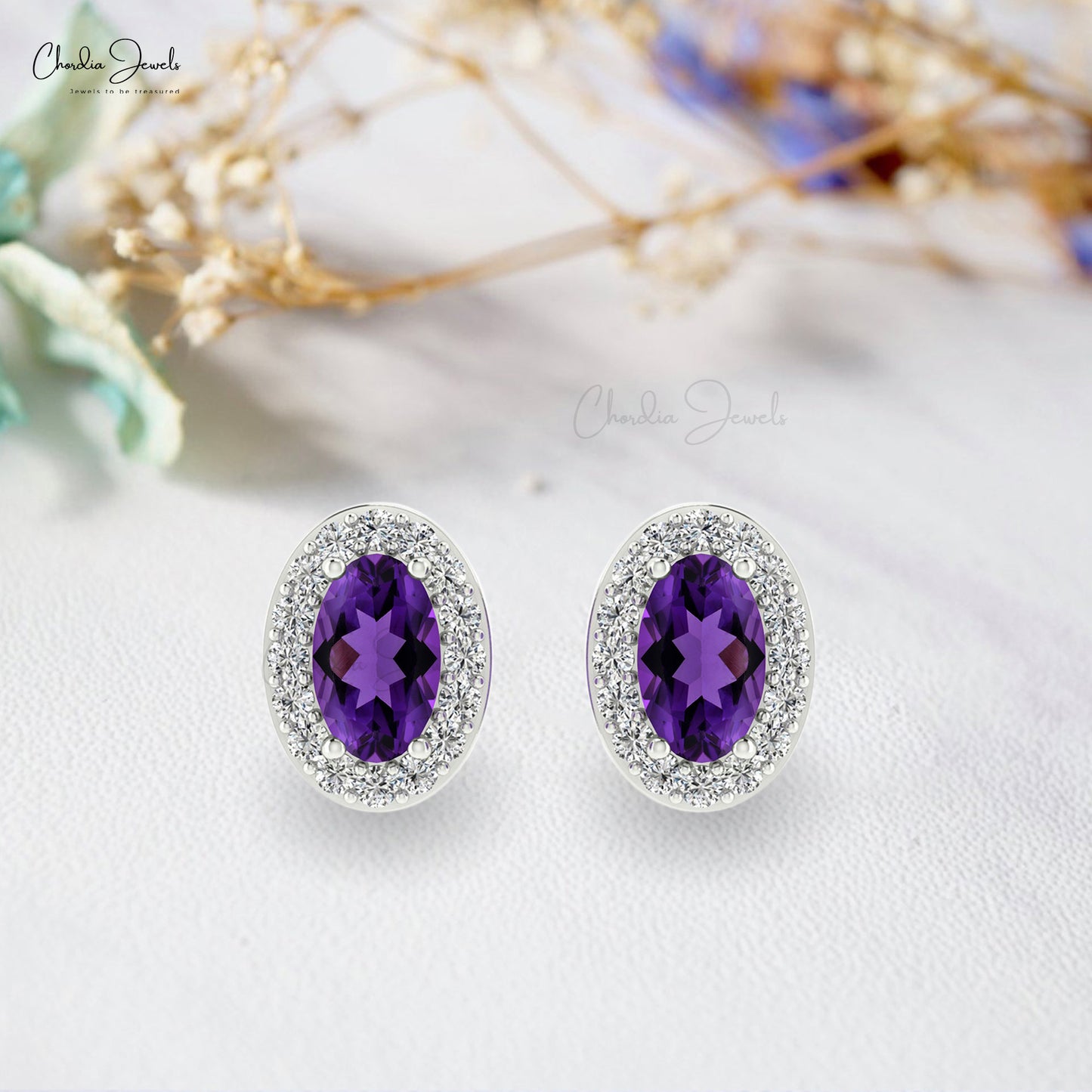 Load image into Gallery viewer, Oval-Cut Amethyst Stud and round-cut diamonds with 14k White Gold Earrings 
