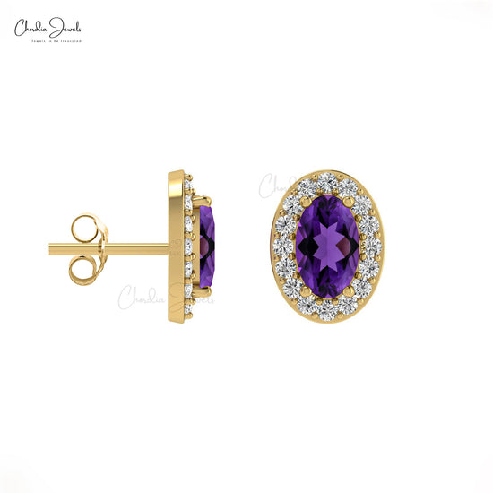 Oval-Cut Amethyst Stud and round-cut diamonds with 14k Gold Earrings 