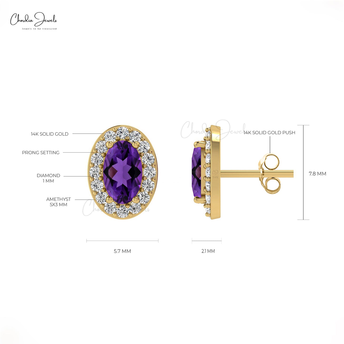 Oval-Cut Amethyst Stud and round-cut diamonds with 14k Gold Earrings 