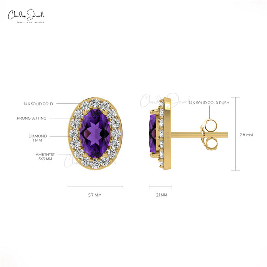 Oval-Cut Amethyst Stud and round-cut diamonds with 14k Gold Earrings 