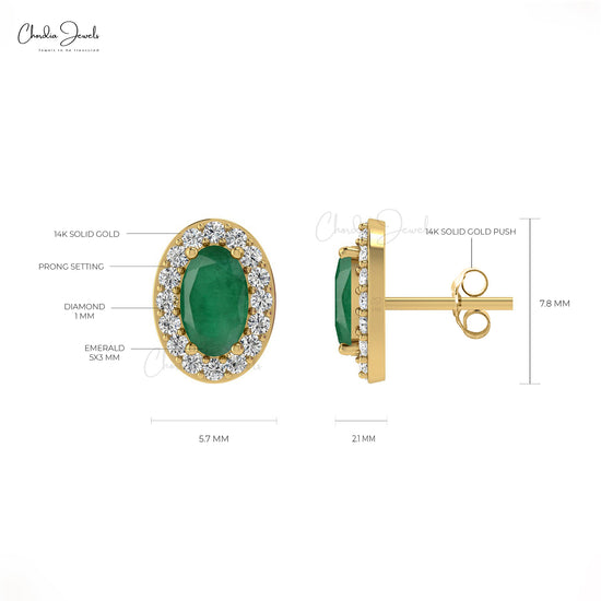 Load image into Gallery viewer, Natural Oval Emerald Halo Earrings 14k Solid Gold White Diamond Studs For Women 5x3mm Genuine Gemstone Summer Jewelry For Wedding Gift
