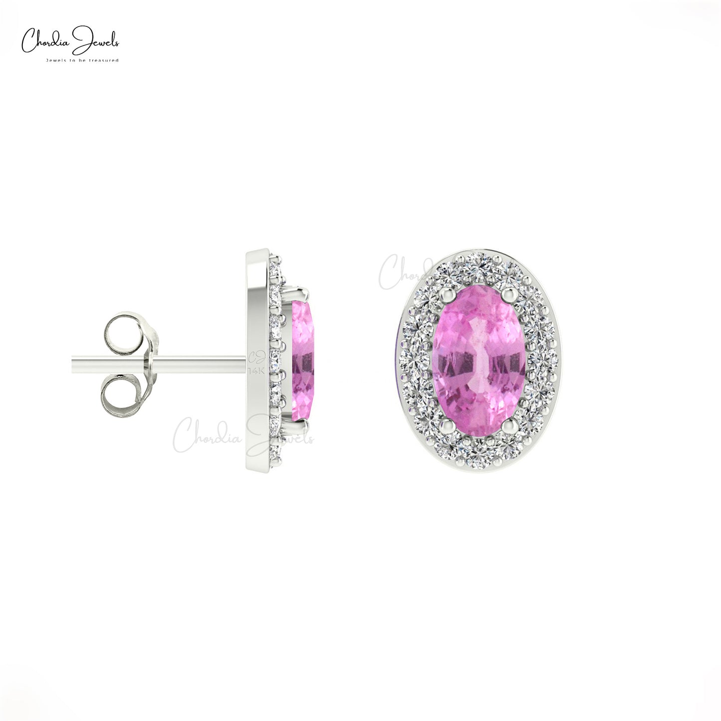 Natural Pink Sapphire and White Diamond Halo Stud Earrings 14k Solid Gold Studs Minimalist Jewelry For Mother's Day Gift