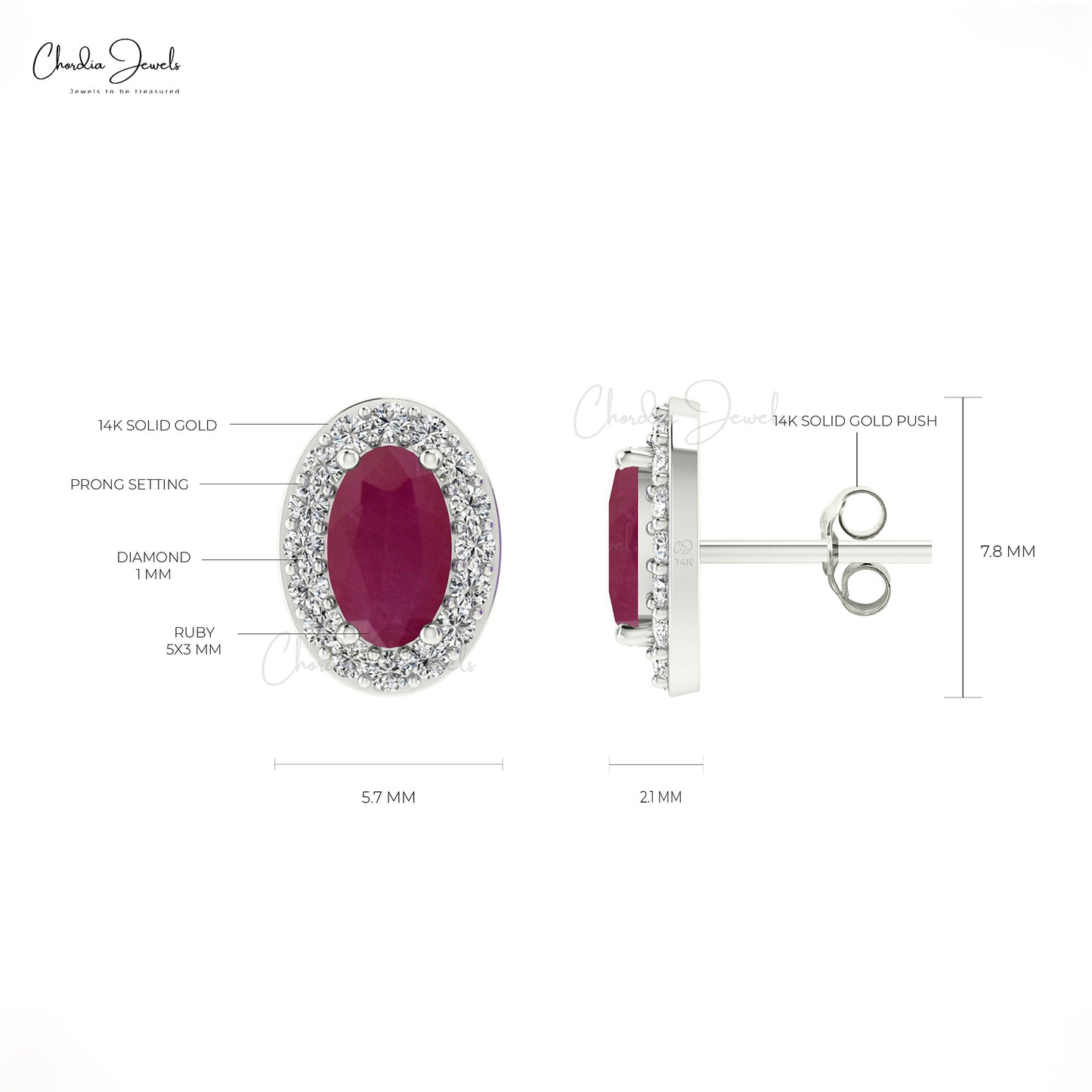 High Class 14K Gold Oval Ruby Gemstone & Diamond Halo Earrings