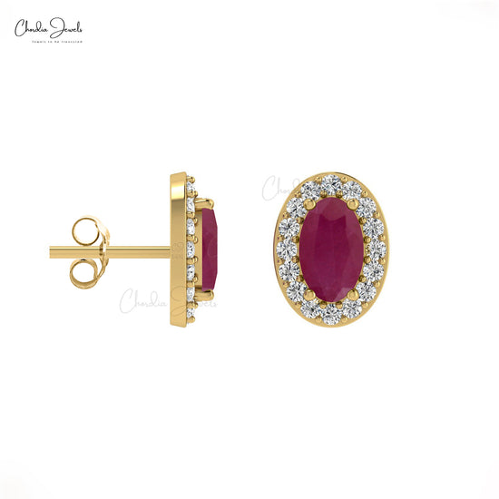 High Class 14K Gold Oval Ruby Gemstone & Diamond Halo Earrings