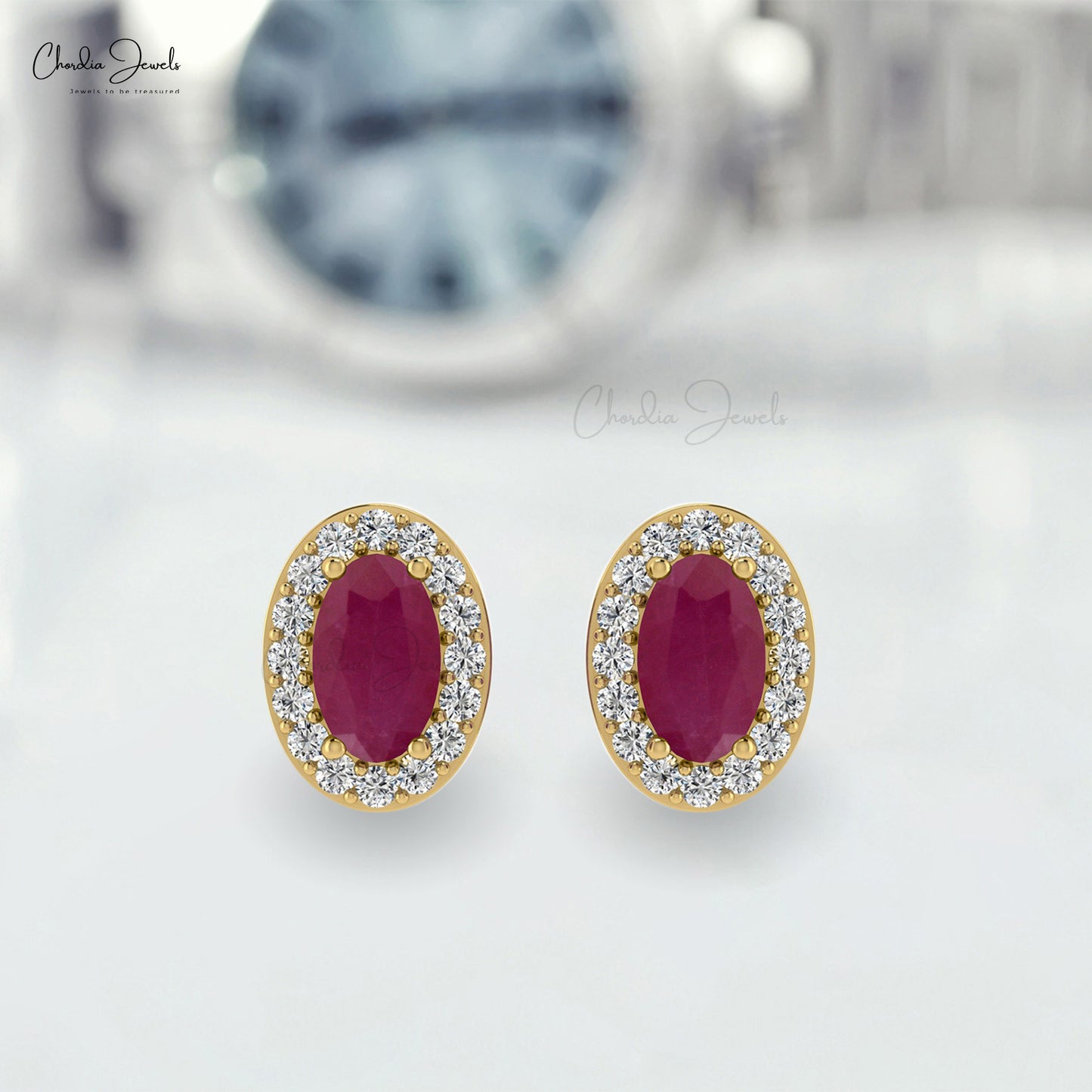 High Class 14K Gold Oval Ruby Gemstone & Diamond Halo Earrings