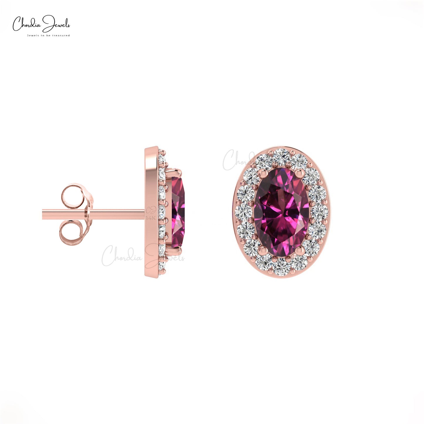 Diamond Halo Earrings with Oval Rhodilite Garnet in 14K Gold