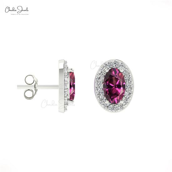 Diamond Halo Earrings with Oval Rhodilite Garnet in 14K Gold