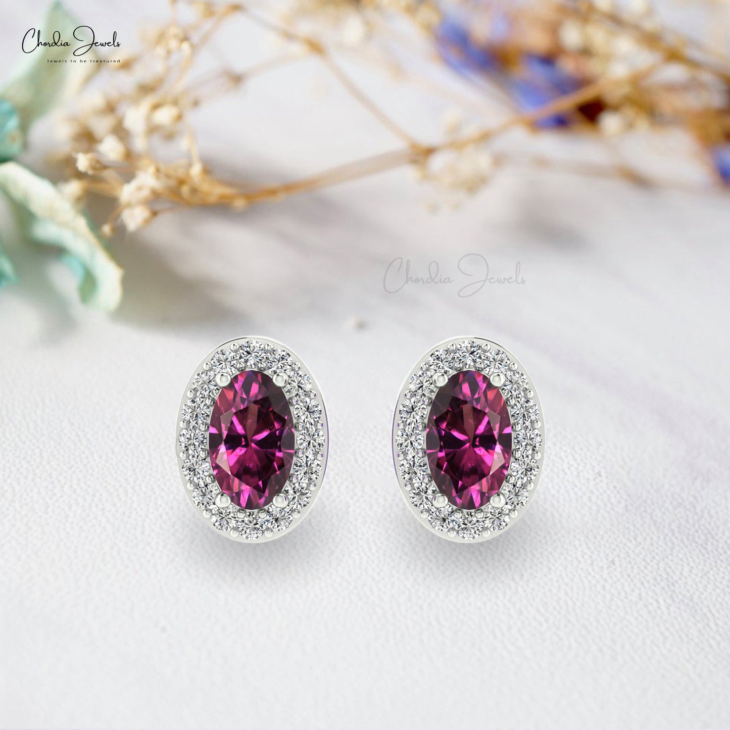 Diamond Halo Earrings with Oval Rhodilite Garnet in 14K Gold