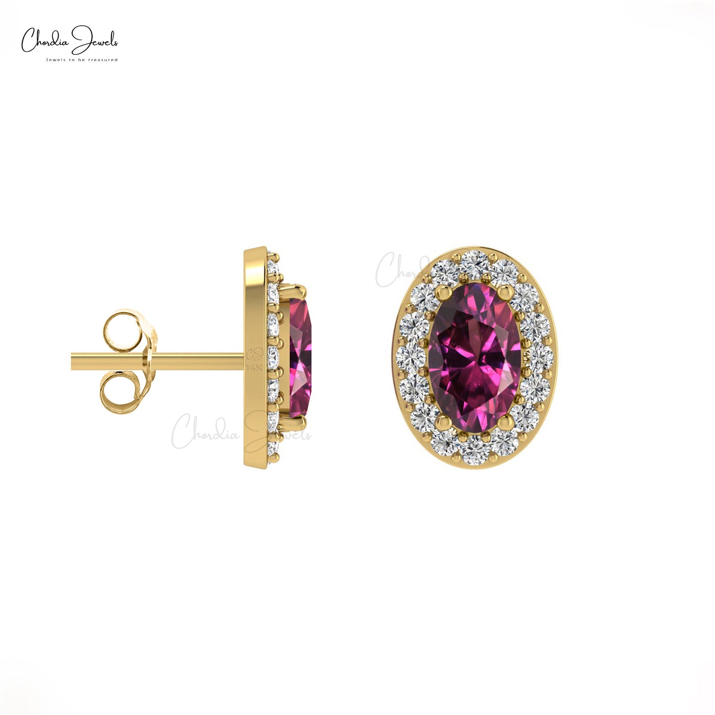 Diamond Halo Earrings with Oval Rhodilite Garnet in 14K Gold