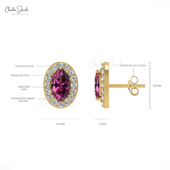 Load image into Gallery viewer, Diamond Halo Earrings with Oval Rhodilite Garnet in 14K Gold
