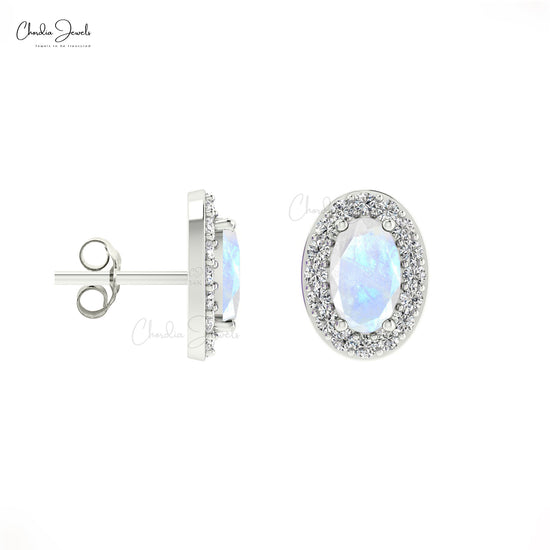 Diamond Halo Earrings with Oval Rainbow Moonstone in 14K Gold