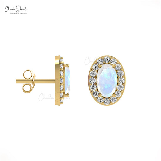 Diamond Halo Earrings with Oval Rainbow Moonstone in 14K Gold