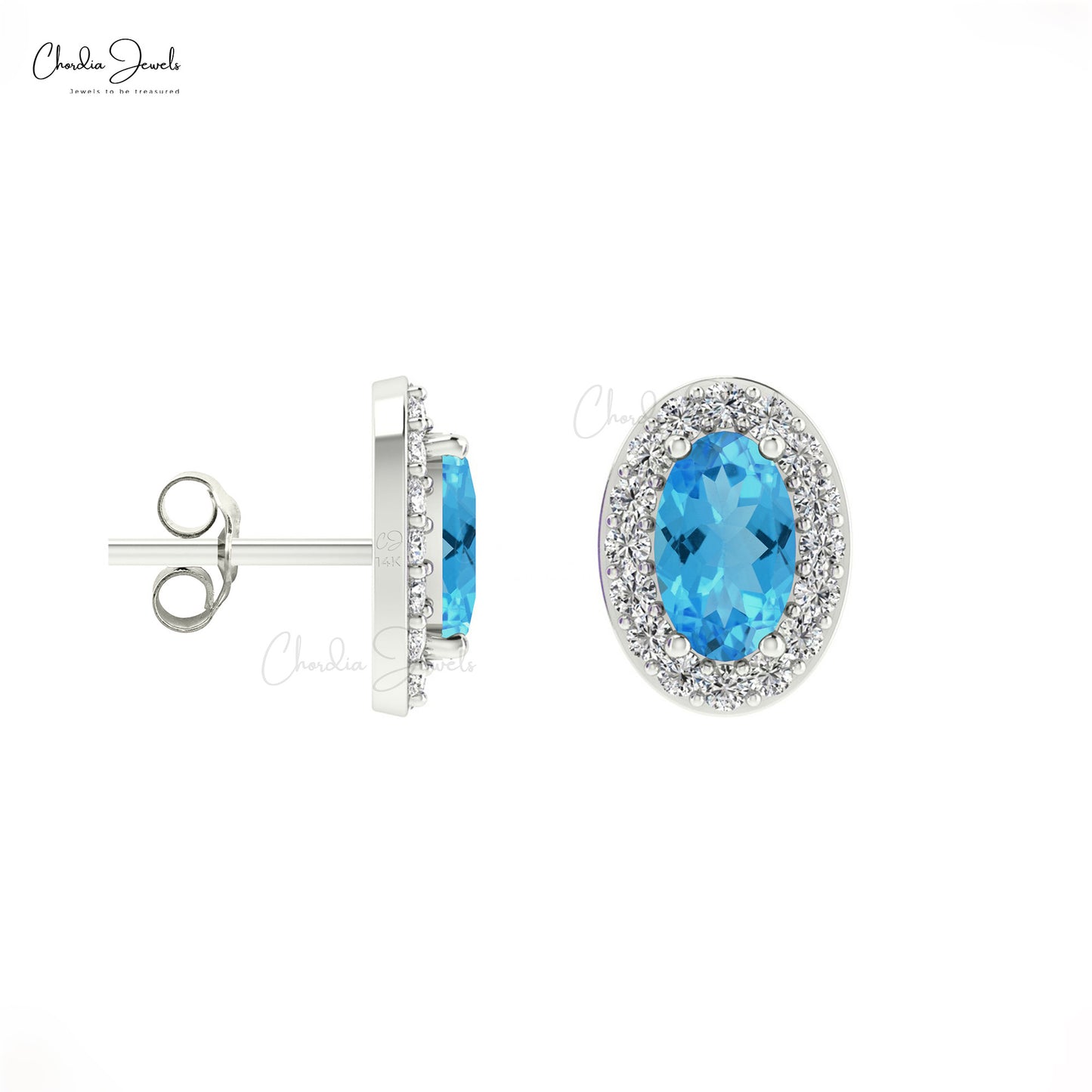 Oval Cut Swiss Blue Topaz & Diamond Halo Earrings in 14K Gold