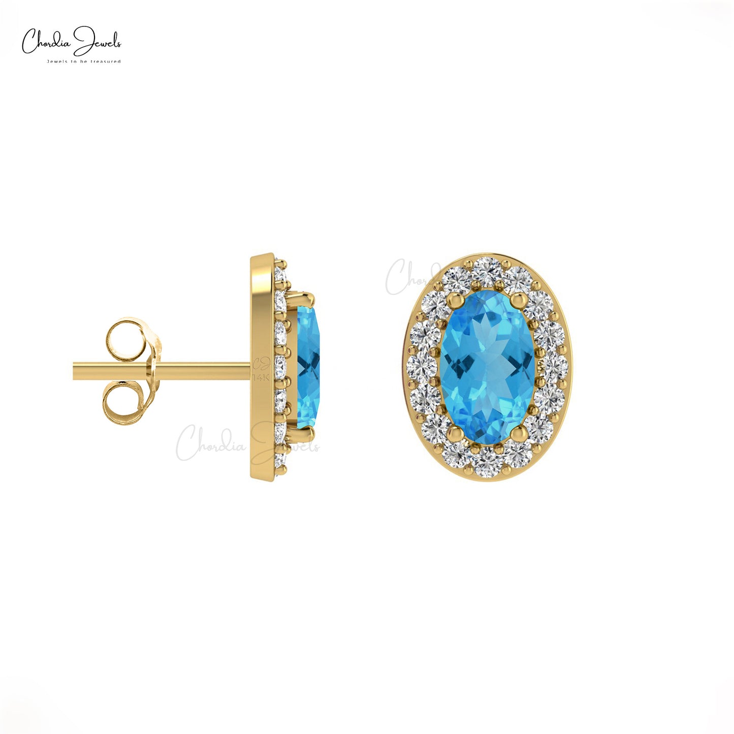 Oval Cut Swiss Blue Topaz & Diamond Halo Earrings in 14K Gold