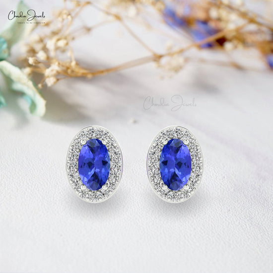 Load image into Gallery viewer, Real Blue Tanzanite Halo Studs 14k Real Gold G-H Diamond Push Back Earrings 5x3mm Oval Cut Light Weight Genuine Jewelry For December Birthstone
