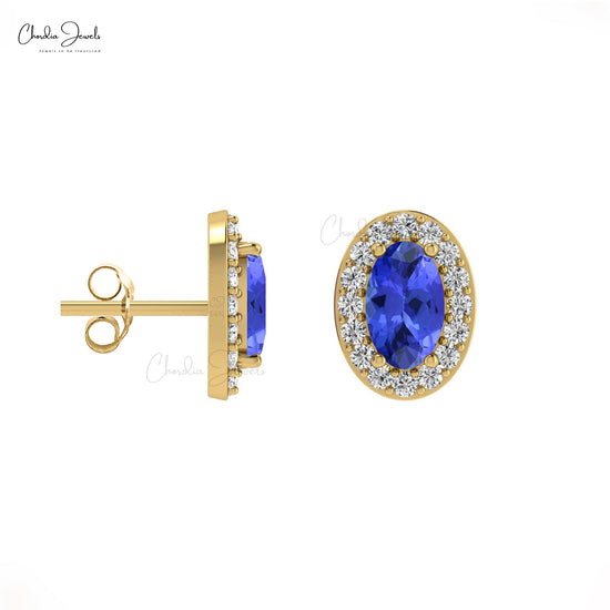 Oval-Cut 0.48ct Tanzanite Earrings with Diamond Halo in 14k Solid Gold Bridesmaid Gift