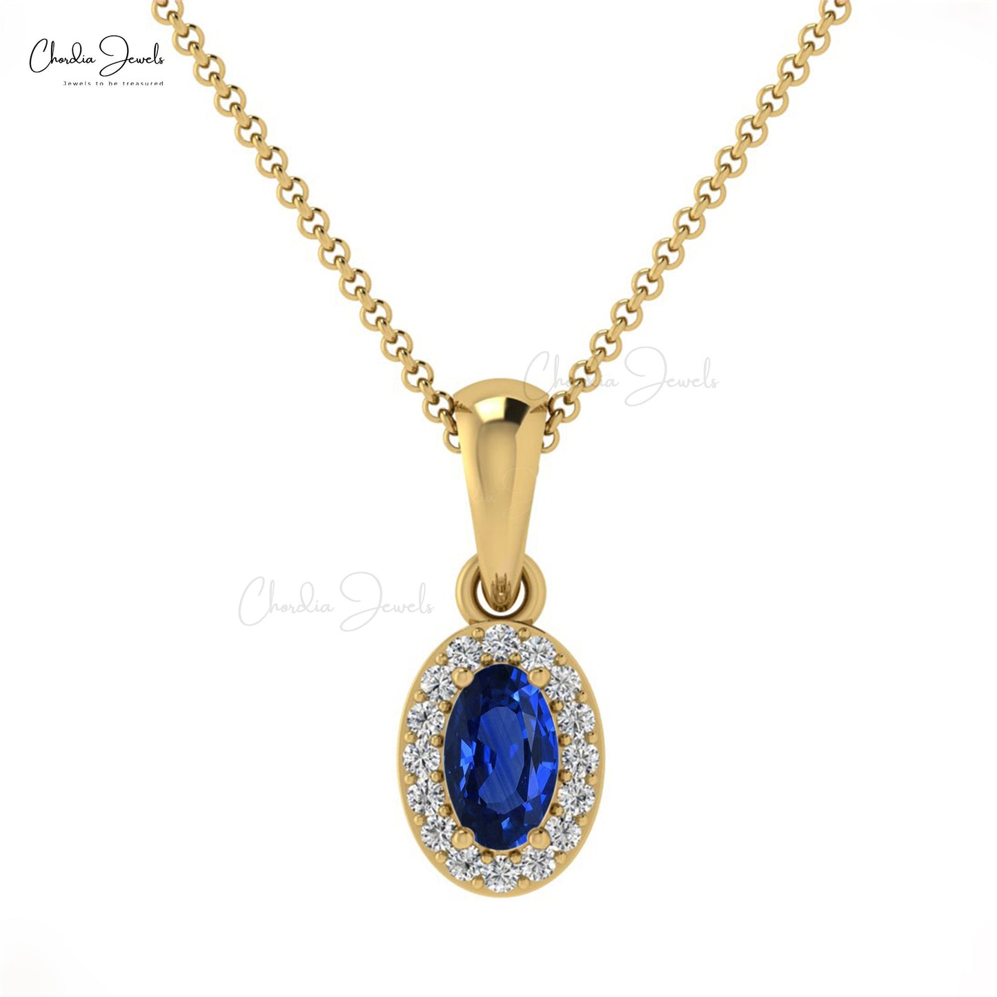 Real 14k Gold Halo Pendant September Birthstone Natural Blue Sapphire and White Diamond Pendant Necklace Engagement Gift For Her