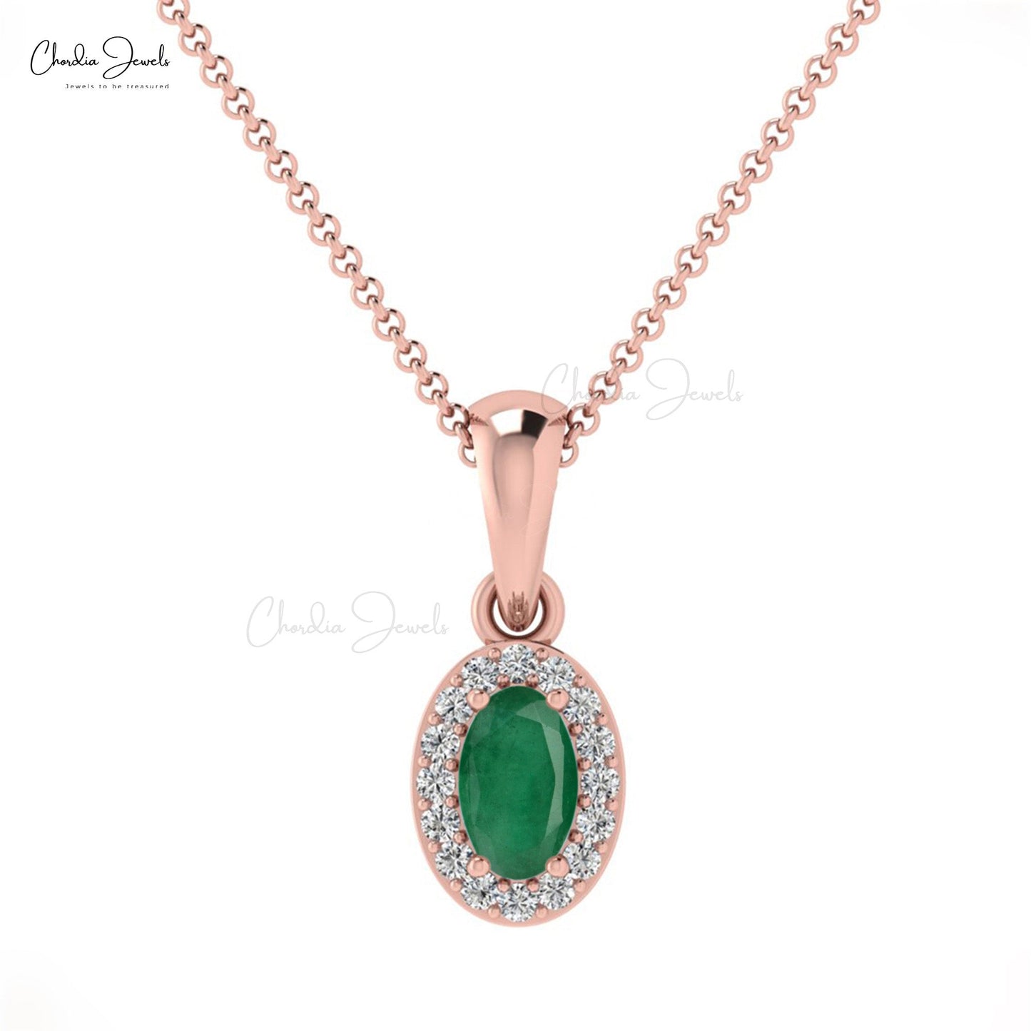 Natural Oval Emerald and Diamond Halo Pendant in 14K Gold