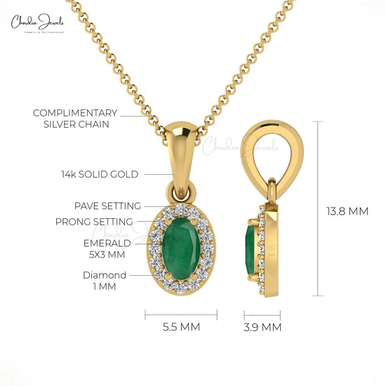 Natural Oval Emerald and Diamond Halo Pendant in 14K Gold