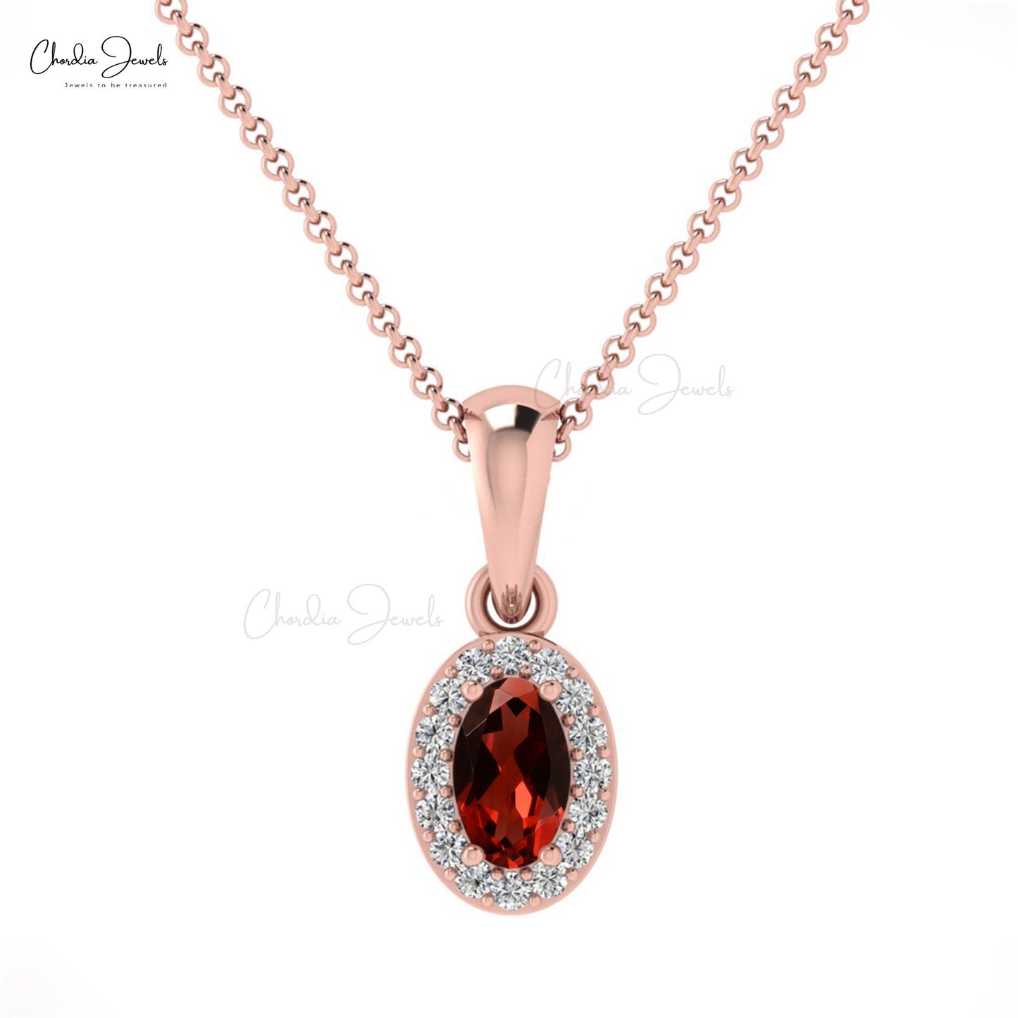 January Birthstone Garnet & Round Diamond Halo Pendant in 14K Gold