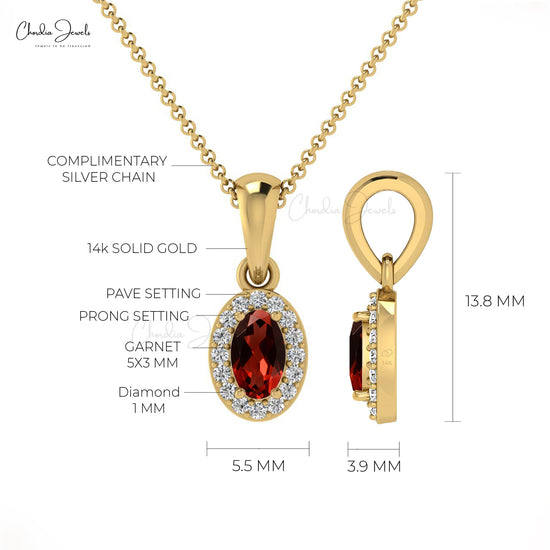 January Birthstone Garnet & Round Diamond Halo Pendant in 14K Gold