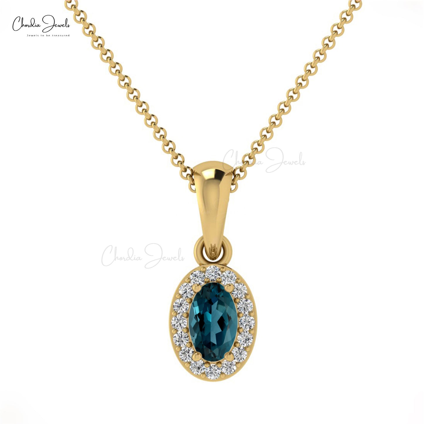 Natural 5x3mm London Blue Topaz and White Diamond Halo Pendant Necklace 14k Solid Gold Minimalist Jewelry For Wedding Gift