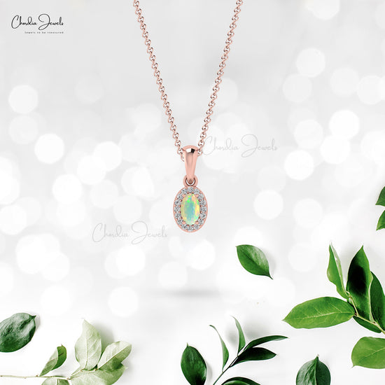 Precious Opal Gemstone 14K Gold Round Diamond Halo Pendant