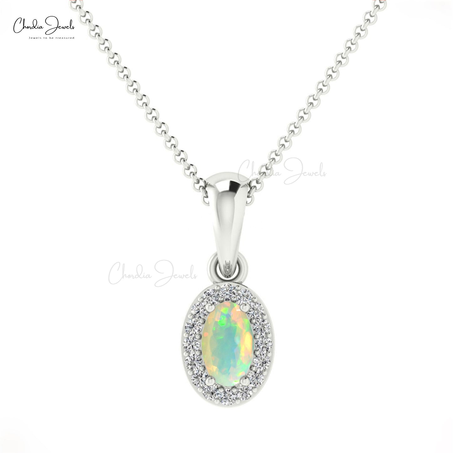 Precious Opal Gemstone 14K Gold Round Diamond Halo Pendant