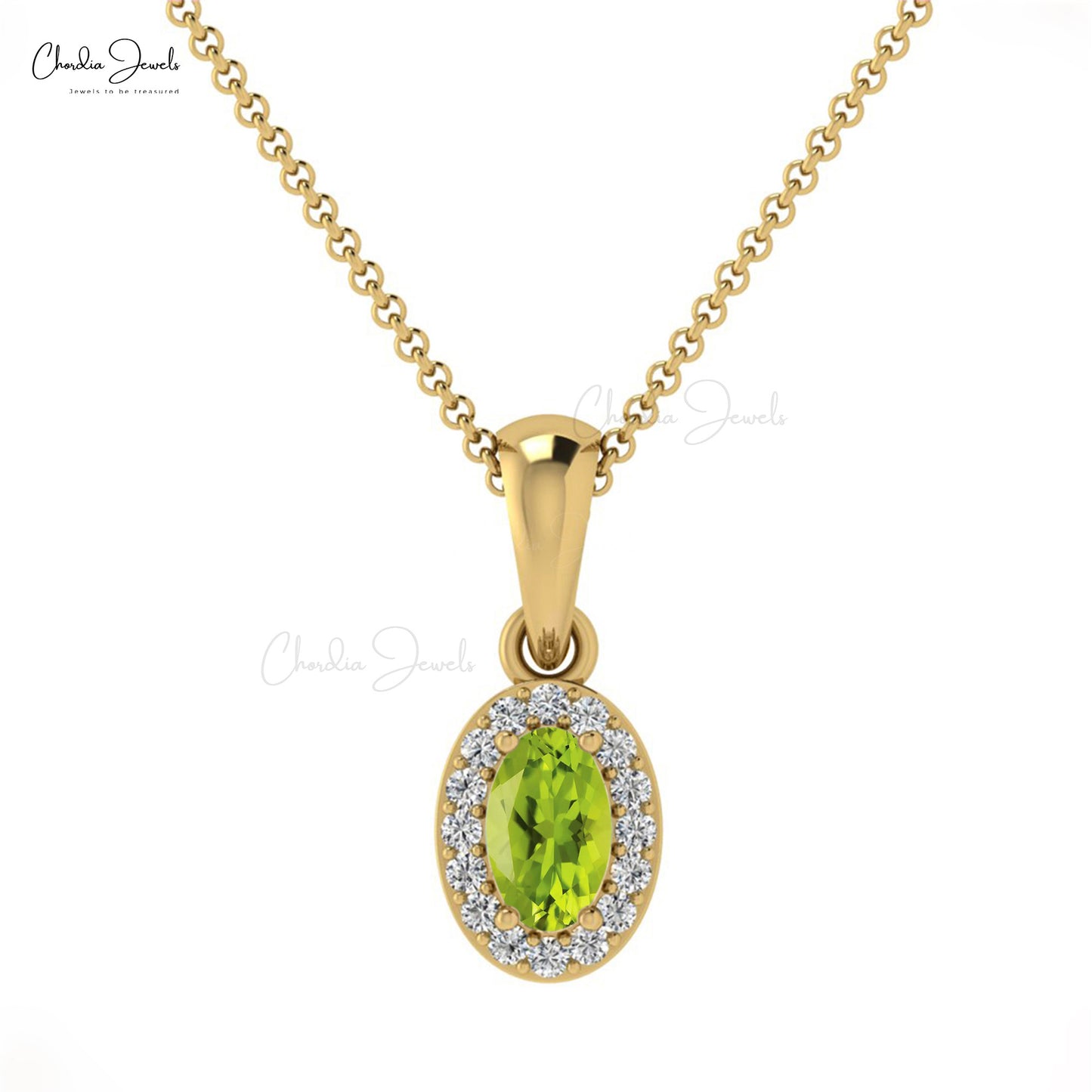 Natural Green Peridot Halo Pendant Necklace For Her Round Shape White Diamond Charms Pendant in 14k Real Gold Valentine's Day Gift