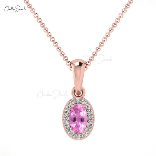 Beautiful Unique Style White Diamond Halo Pendant Necklace Natural Pink Sapphire Gemstone Charm Pendant in 14k Pure Gold Birthday Gift For Sister